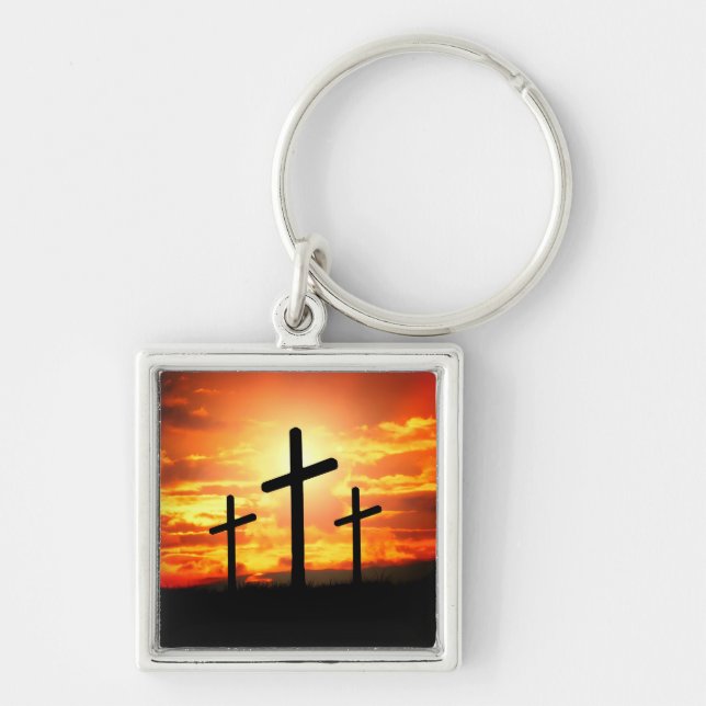 Crosses, Sunset Silhouettes Painting-67137 Key Ring (Front)