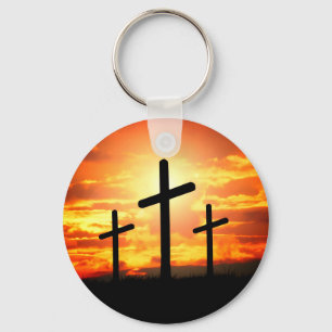 Crosses, Sunset Silhouettes Painting-67137 Key Ring