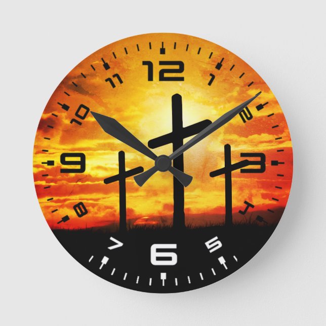 Crosses, Sunset Silhouettes Painting-67137 Round Clock (Front)
