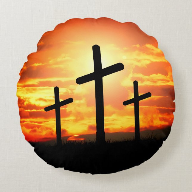 Crosses, Sunset Silhouettes Painting-67137 Round Cushion