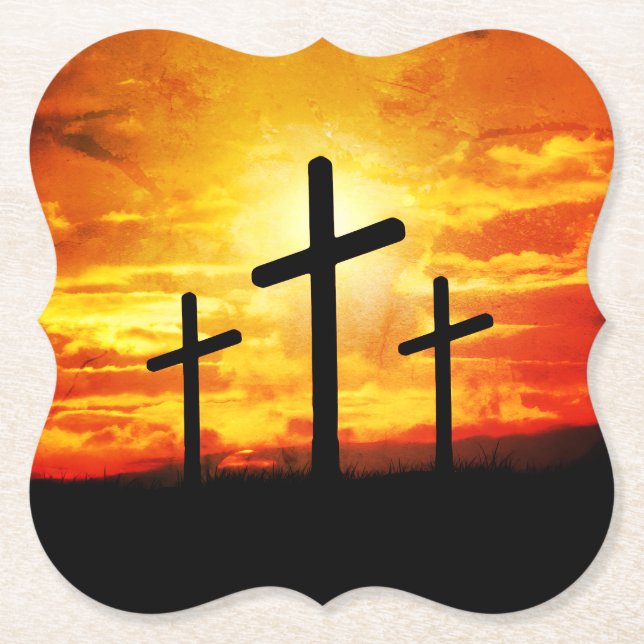 Crosses, Sunset Silhouettes Painting  Paper Coaster (Front)