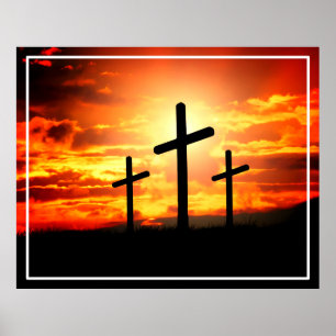 Crosses, Sunset Silhouettes Painting Poster