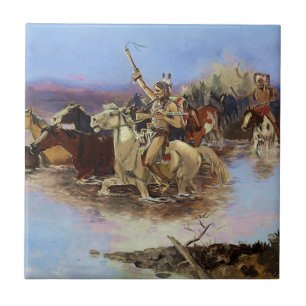 “Crossing the River” by Charles M Russell Ceramic Tile