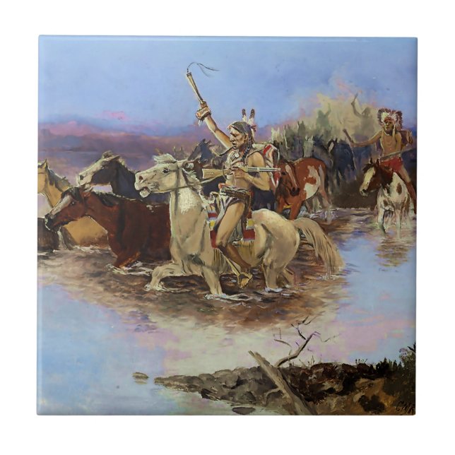 “Crossing the River” by Charles M Russell Ceramic Tile (Front)