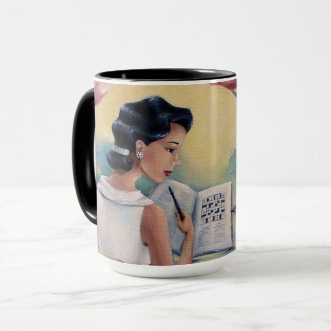 Crossword Girl & Bird Coffee Mug (Front Left)