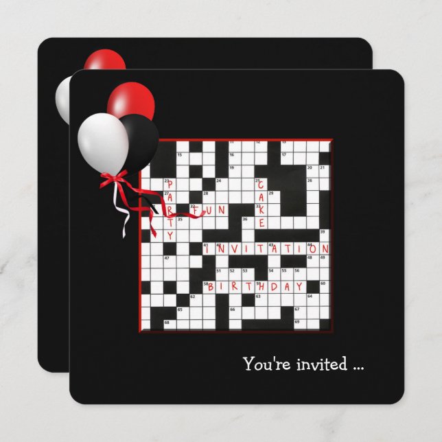 Crossword Puzzle and Balloons Birthday Party Invitation (Front/Back)