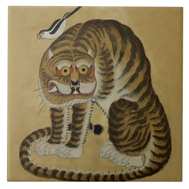 Crouching Tiger Minhwa with Magpie Ceramic Tile (Front)