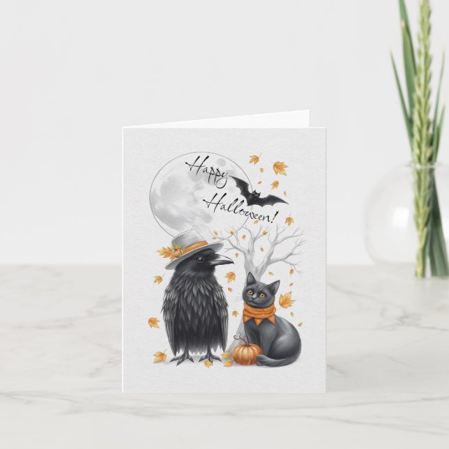 Crow and Cat Autumn Halloween Crow greeting card (Front)