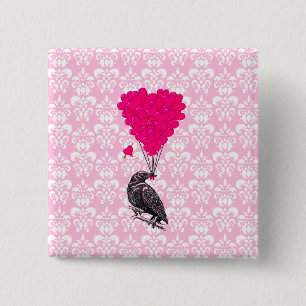 Crow and heart on pink damask 15 cm square badge