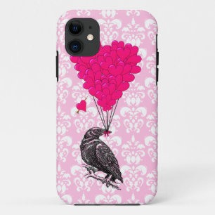 Crow and heart on pink damask iPhone 11 case