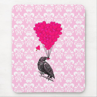 Crow and heart on pink damask mouse pad