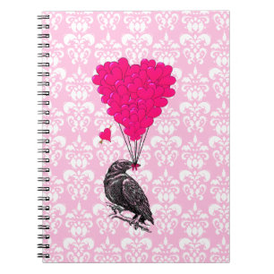 Crow and heart on pink damask notebook