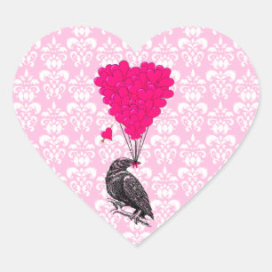 Crow and heart on pink damask sticker