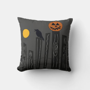 Crow and pumpkin sitting on a fence Halloween. Cushion