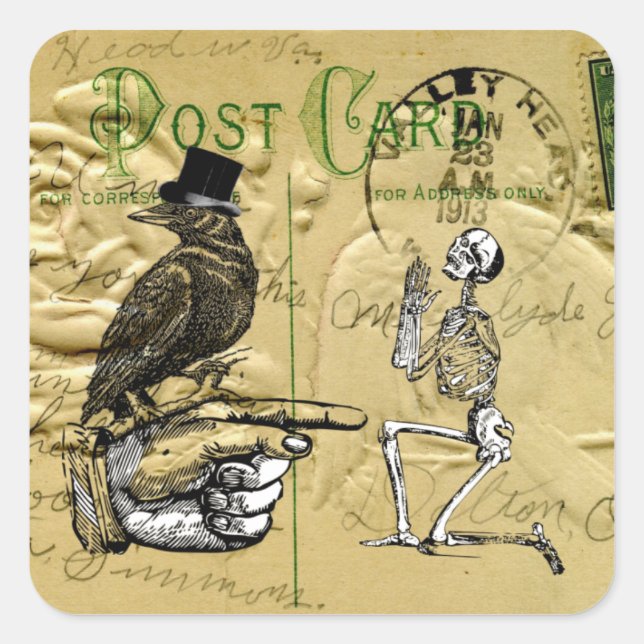 Crow and skeleton square sticker (Front)