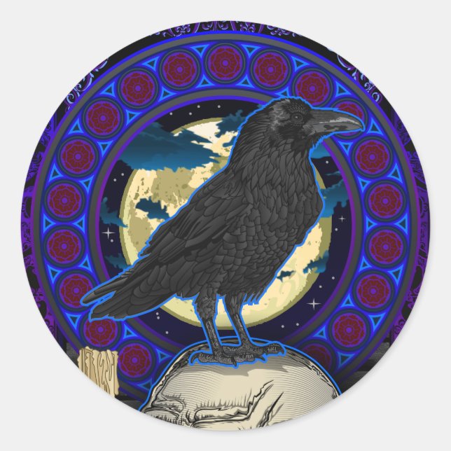 Crow and Skull Gothic design round sticker (Front)