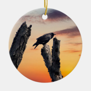 Crow at Sunrise Ceramic Ornament