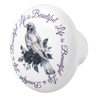 Crow Bird Black Roses Script Nature Ceramic Knob