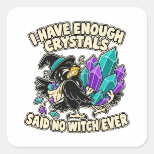 Crow Carrying Crystal Funny Witch Square Sticker