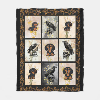 Crow Dachshund Skull Dark Cottagecore Floral Fleece Blanket