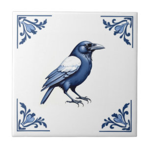 Crow Delft Blue and White Floral Corners Bird Ceramic Tile