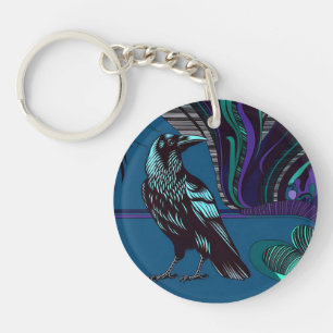 Crow Design Acrylic Keychain Round Purple Blue