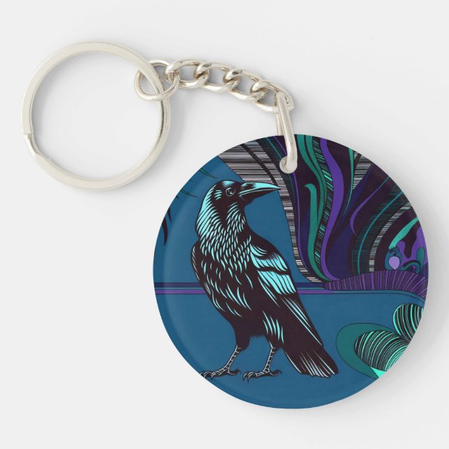Crow Design Acrylic Keychain Round Purple Blue (Front)