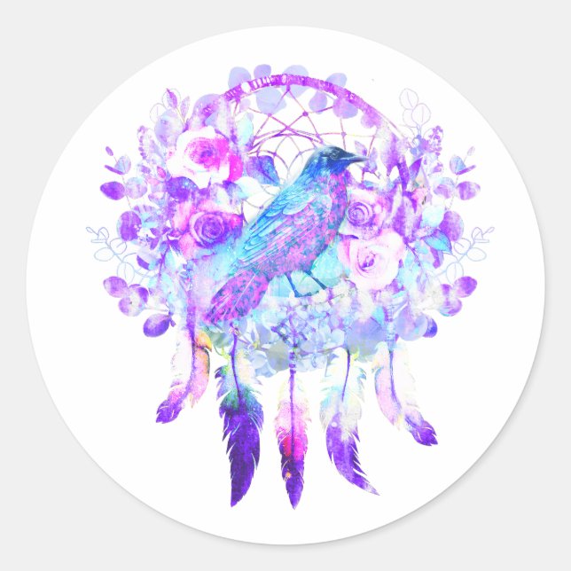 Crow Dreamcatcher Blue Purple Floral Classic Round Sticker (Front)