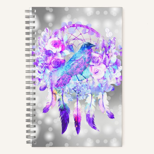 Crow Dreamcatcher Blue Purple Floral Notebook (Front)