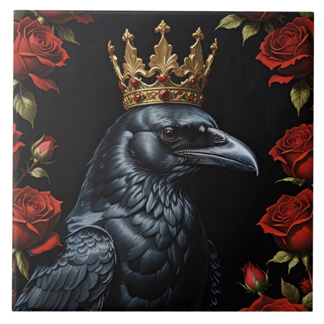 Crow in A Gold Crown Ruby Red Roses Ceramic Tile (Front)