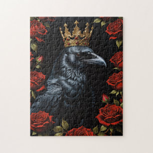 Crow in A Gold Crown Ruby Red Roses Jigsaw Puzzle