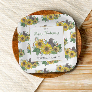 Crow in Autumn Flowers Family Thanksgiving Dessert Paper Plate