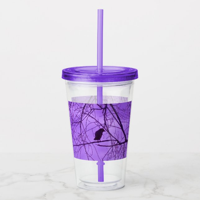 Crow in Black Silhouette Tree Branches Purple sky Acrylic Tumbler (Front)