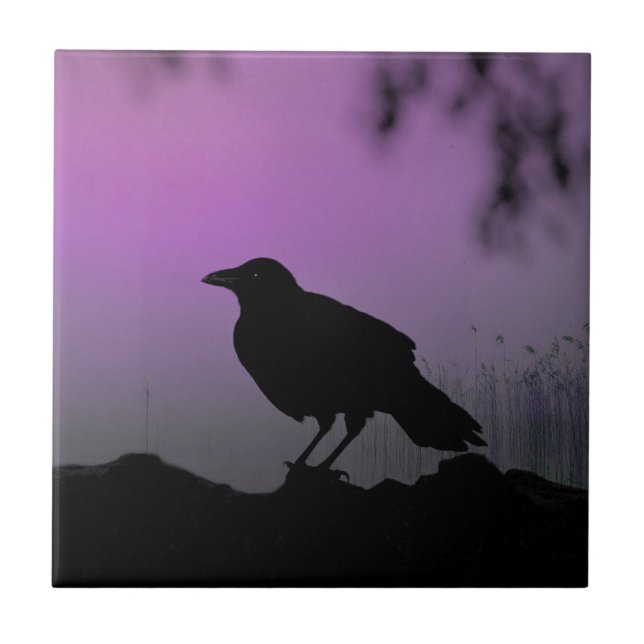 Crow In Nature Silhouette Ceramic Tile (Front)