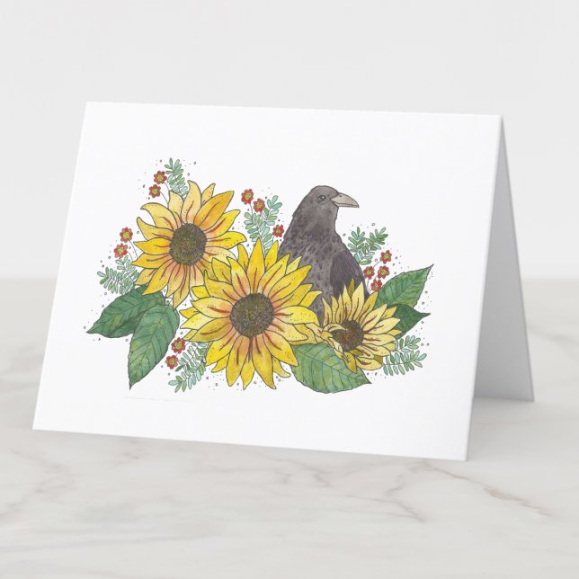 Crow in Sunflowers Watercolor Blank Card (Creator Uploaded)