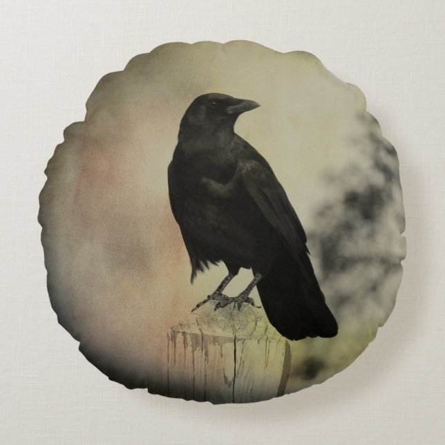 Crow on A Fence Post Round Cushion (Front)