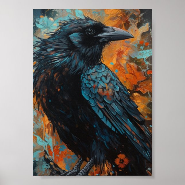 Crow on Blue and Orange Background Poster (Front)