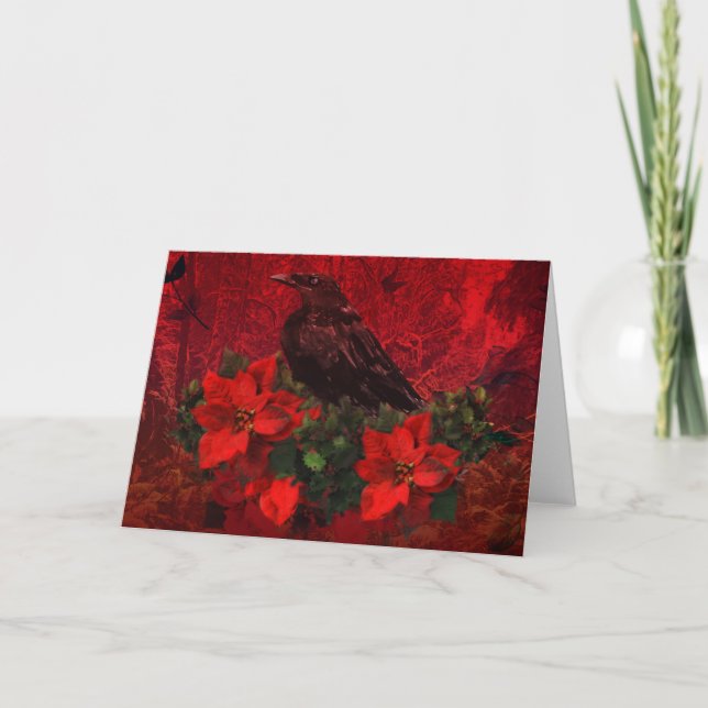 Crow on Poinsettias and Holly Christmas Card (Front)