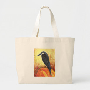 Crow on Pumpkin Large Tote Bag