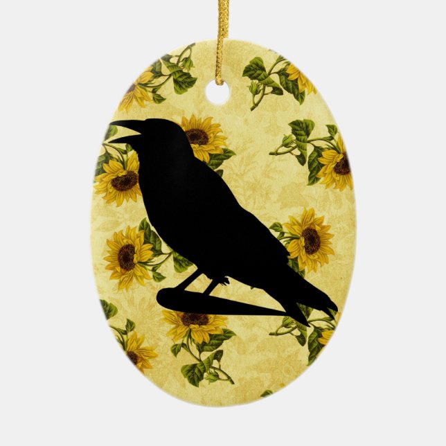 Crow on Sunflowers Ceramic Tree Decoration (Front)