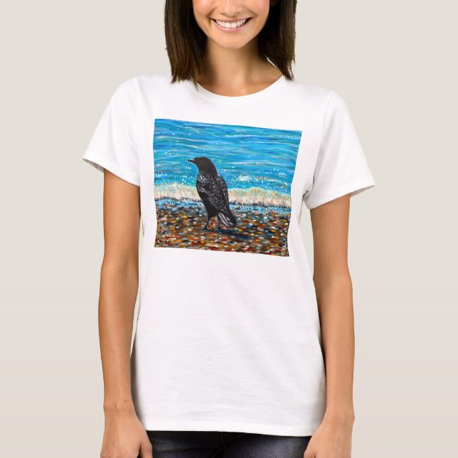 Crow on the Beach 2 Painting T-Shirt (Front)