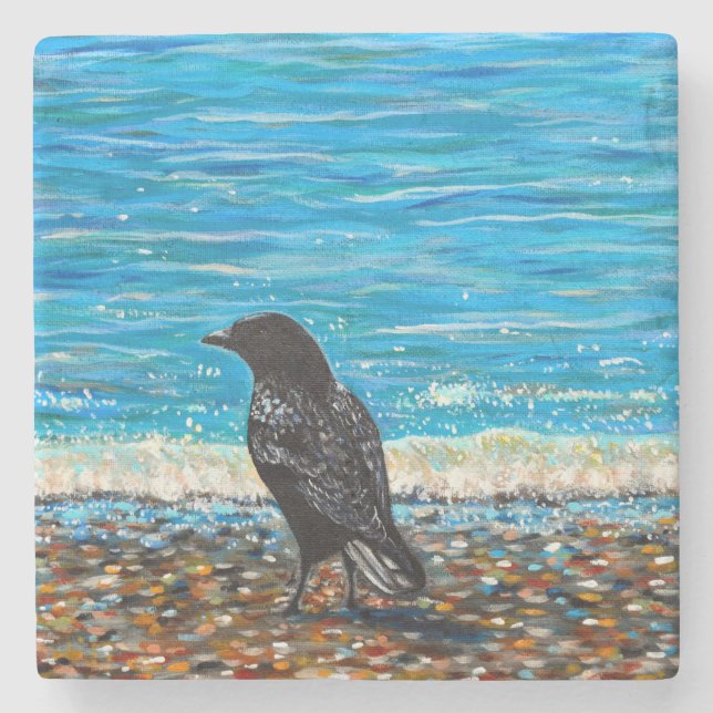 Crow on the Beach 3 Painting Stone Coaster (Front)