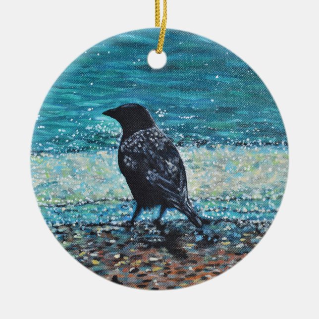 Crow on the Beach Painting Ceramic Ornament (Front)