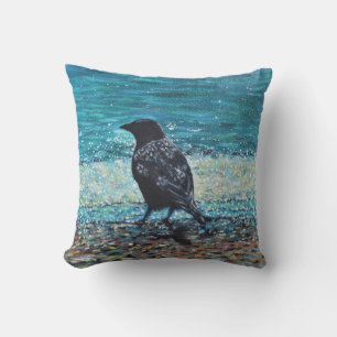 Crow on the Beach Painting Cushion