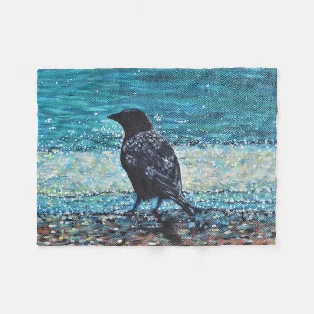 Crow on the Beach Painting Fleece Blanket (Front (Horizontal))