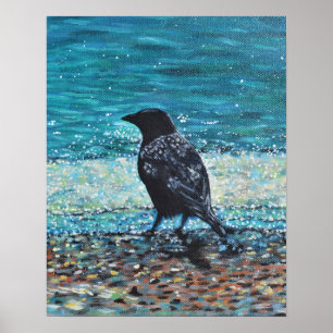 Crow on the Beach Painting Poster