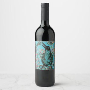 crow painting on blue wine label