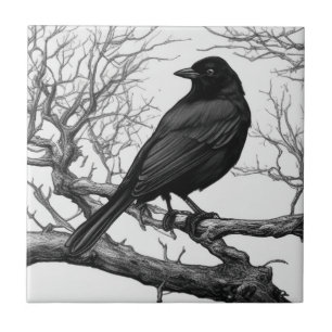 Crow Perched on Bare Winter Branches Ceramic Tile