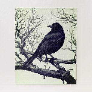 Crow Perched on Bare Winter Branches Jigsaw Puzzle