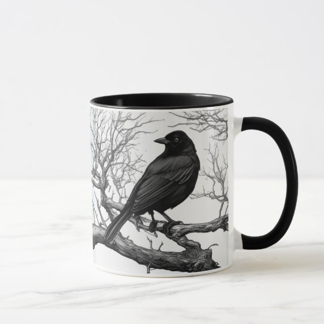 Crow Perched on Bare Winter Branches Mug (Right)
